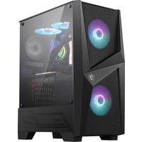 Black MSI MAG FORGE 100R mid tower gaming case with RGB fans and tempered glass side panel.