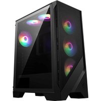 Black MSI MAG Forge 120A AIRFLOW Midi Tower with transparent side panel and RGB-lit cooling fans.