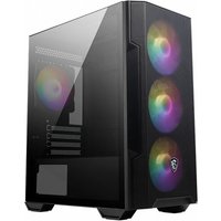 Black MSI MAG Forge M100R Midi Tower with transparent side panel and three front RGB fans.