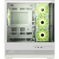 White MSI MAG PANO 110R PZ computer case with three green LED fans, tempered glass side panel, and front USB ports.