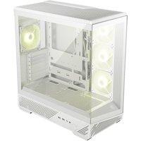 White MSI MAG PANO 130R PZ Midi Tower computer case with transparent side panel and four illuminated fans.