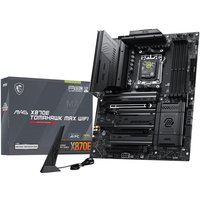 MSI MAG X870E TOMAHAWK MAX WIFI motherboard, black ATX form, multiple PCIe slots, AM5 socket, with packaging.