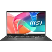 Sleek black MSI Modern 14 laptop with a colorful screen and slim bezels, featuring Intel Core i5 processor.