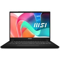 Black MSI Modern 14 laptop with colorful screen display and sleek design.