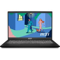 Black MSI Modern 15 laptop with 15.6" display, sleek design, backlit keyboard, and Ryzen 7 branding on screen.