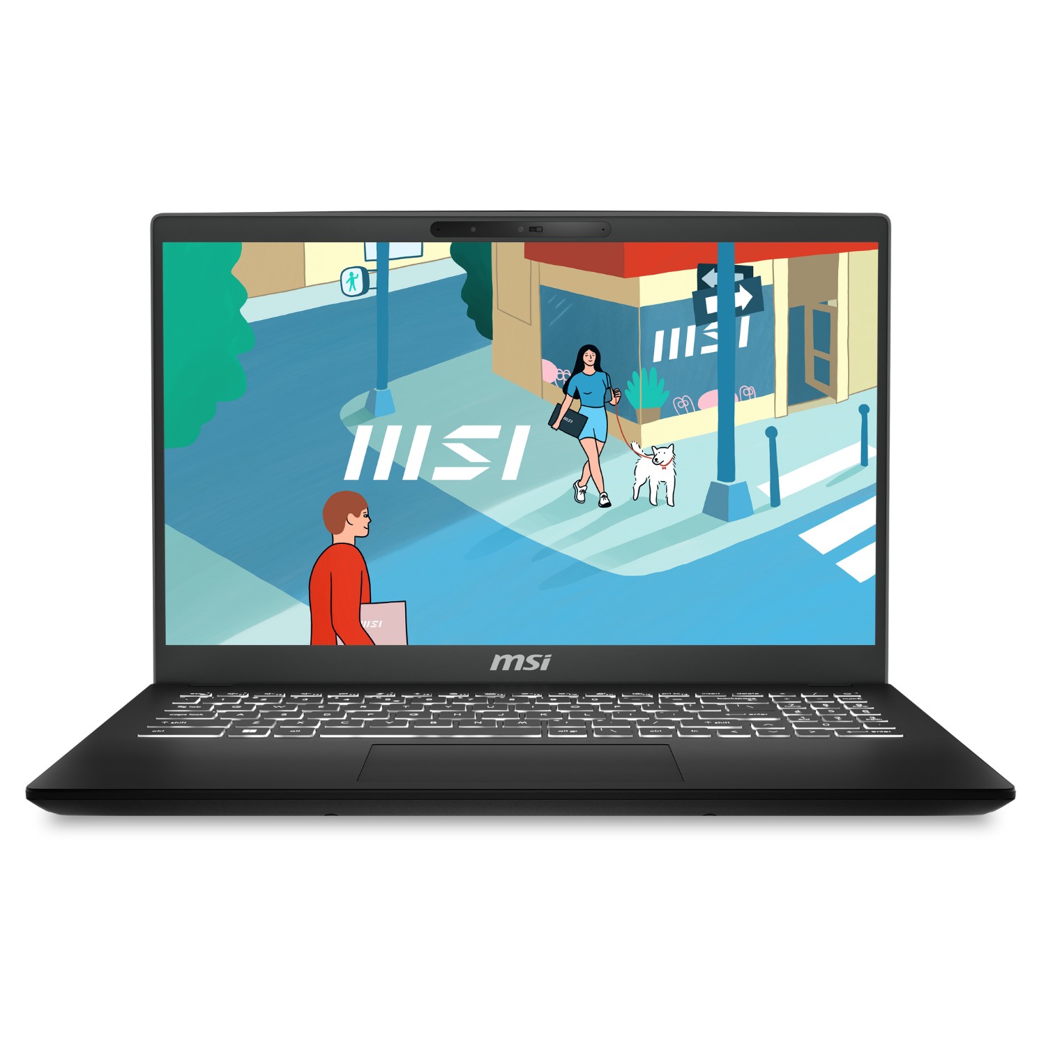 MSI Modern 15 laptop with a sleek black design, featuring a 15.6" Full HD display, illuminated keyboard, and a vibrant animated background showing a street scene.