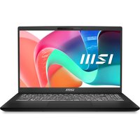 Black MSI Modern 15 laptop with 15.6-inch display, colorful screen, and silver keyboard.
