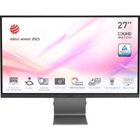 Grey MSI 27" UHD monitor with thin bezels, sturdy stand, anti-glare screen, and multiple ports including USB Type-C.