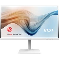 White MSI Modern MD272QXPW monitor, 27" Wide Quad HD, slim bezels, rectangular stand, with MSI logo and award emblem.