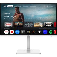 White MSI Modern MD272UPSW 27" monitor, 4K Ultra HD, slim bezels, rectangular stand, displaying streaming apps.