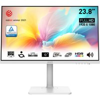 White MSI Modern MD272XPW monitor, 23.8" Full HD display, slim bezels, adjustable stand, colorful screen graphics.
