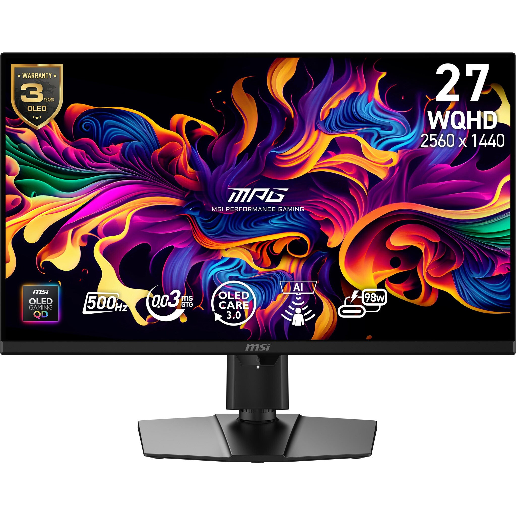 27-inch MSI MPG 271QR QD-OLED monitor features a vibrant, colorful display with a sleek black frame, 2560 x 1440 resolution, and a stand designed for stability and adjustability.