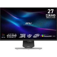 27" MSI monitor with slim bezels, 4K UHD display, silver stand, and vibrant color graphics on screen.