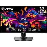 MSI MPG 321URX QD-OLED monitor, 31.5" 4K Ultra HD, black frame, vibrant display with colorful abstract design.