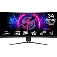 Curved MSI MPG 346CQRF X24 34" monitor with 3440x1440 resolution, 240Hz refresh rate, and sleek black stand.