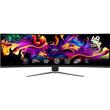 49-inch MSI MPG 491CQP QD-OLED monitor with a sleek black design, vibrant colorful display, 5120 x 1440 resolution, 144Hz refresh rate, and a modern stand.