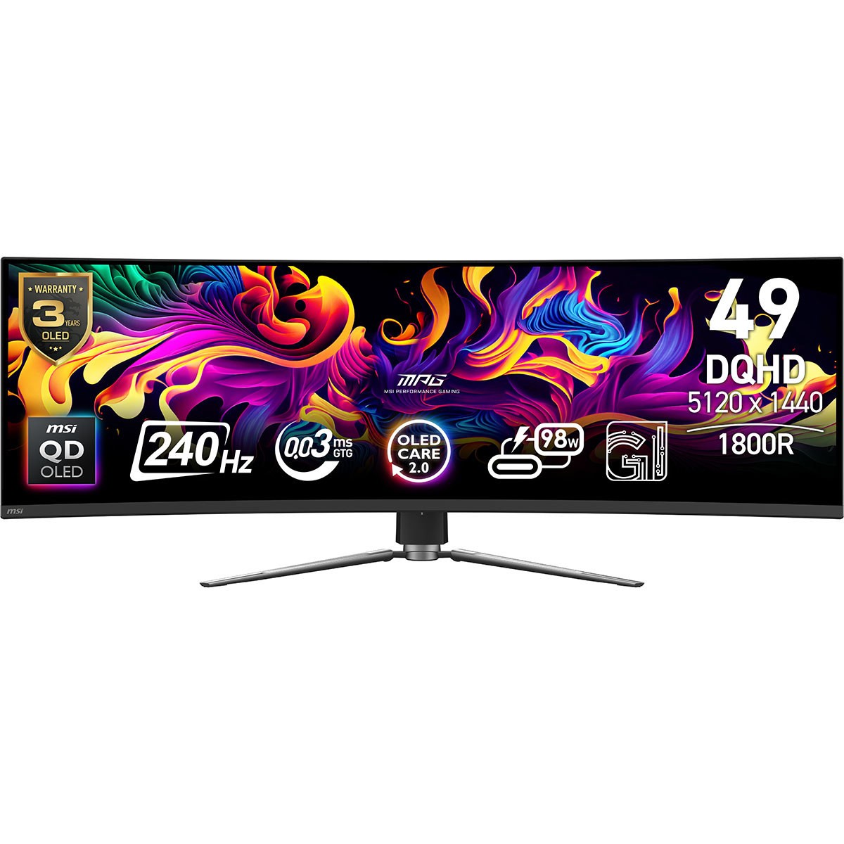 Curved 49" MSI MPG 491CQPX QD-OLED monitor featuring a vibrant, colorful display, 5120x1440 resolution, 240Hz refresh rate, and sleek black design with a silver stand.