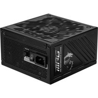Black MSI MPG A850GS power supply unit with vented top, 24-pin ATX connector, and dragon logo on the side.