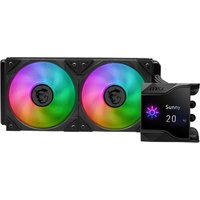 Black MSI MPG Coreliquid D240 cooling kit with dual 12 cm RGB fans and digital display panel.