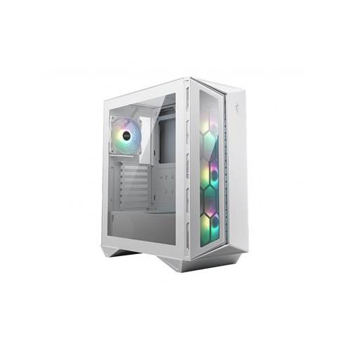 White mid tower gaming PC case with tempered glass panels, featuring RGB lighting on the front and a sleek design, showcasing ample interior space for components.