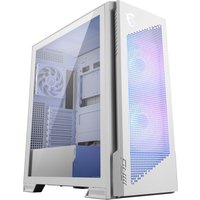 White MSI MPG Velox 300R PC case with mesh front panel, tempered glass side, and RGB fans.