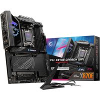 MSI MPG X870E CARBON WIFI motherboard, black with RGB lighting, AM5 socket, ATX form factor, dragon logo.