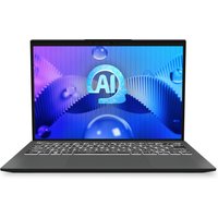 MSI Prestige 13 AI EVO laptop with black chassis, backlit keyboard, and vibrant blue AI-themed screen display.