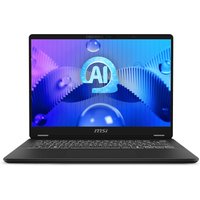 Black MSI Prestige 14 AI EVO laptop with 35.6" display, sleek design, and illuminated keyboard.