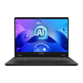 Sleek black MSI Prestige 14 laptop with a 14" 2.8K display, featuring an AI logo, backlit keyboard, and slim profile, showcasing advanced tech and modern design.