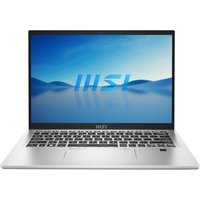 Silver MSI Prestige 14 Evo laptop with black keyboard, thin bezels, and blue screen displaying MSI logo.