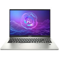 Silver MSI Prestige A16 AI+ laptop with 16-inch display, black keyboard, and AI graphic on screen.