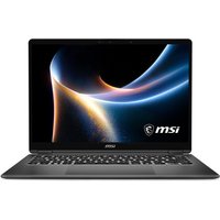 MSI Prestige laptop, 14-inch, sleek black design, Intel Core Ultra 7, 32GB RAM, 1TB SSD, Windows 11 logo on screen.