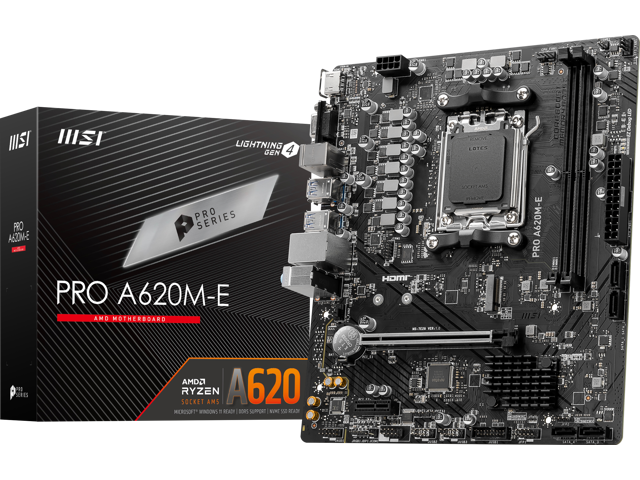 Black micro ATX motherboard with AMD A620 socket, featuring a silver CPU socket, multiple ports, and a sleek design, alongside a branded box showcasing the model name.