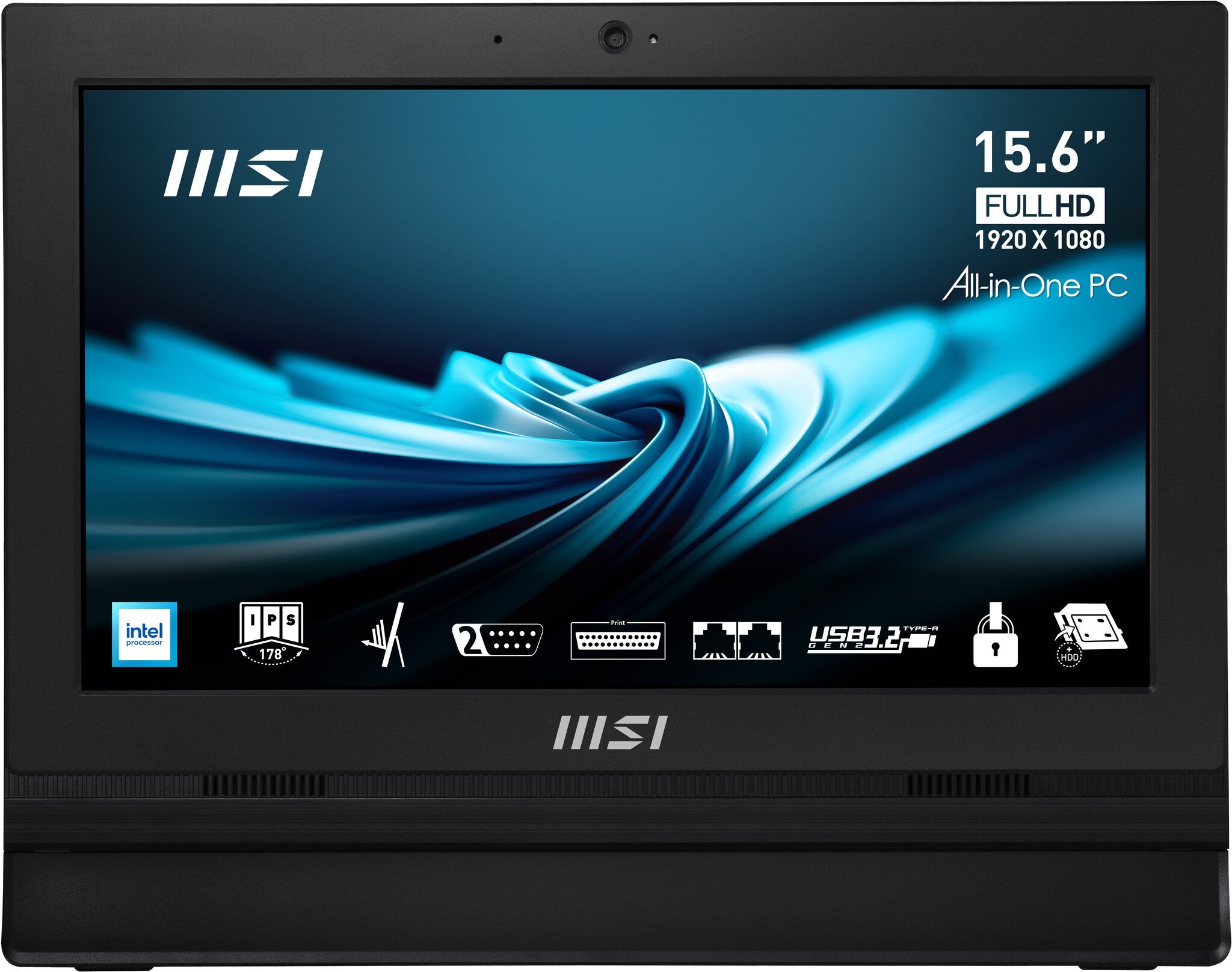 15.6" Full HD IPS touchscreen all-in-one desktop PC in black, featuring MSI logo, Intel N100 processor, 4GB RAM, 128GB SSD, and various connectivity ports.