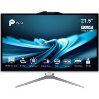 MSI Pro AP222T 21.5" monitor, slim bezel, black frame, silver stand, displaying blue abstract swirl and icons.