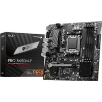 MSI PRO B650M-P motherboard, black micro ATX with AM5 socket, multiple slots, and ports, next to product box.