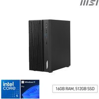 Black MSI Pro DP180 14A desktop PC with vertical cooling vents, Intel Core i5 logo, 16GB RAM, 512GB SSD.