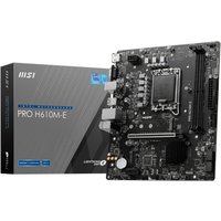 MSI PRO H610M-E micro ATX motherboard with LGA 1700 socket, black PCB, and silver heatsinks, next to packaging box.