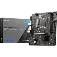 MSI PRO H610M-G DDR4 motherboard, micro ATX, black PCB, LGA 1700 socket, silver heatsinks, with packaging box.