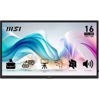 Black MSI PRO MP165 E6 portable monitor, 39.6 cm, with thin bezels, full HD display, and multiple connectivity icons.