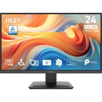 Black MSI Pro MP241 monitor, 23.8-inch, with slim bezels, displaying colorful abstract design, 1920x1080 resolution.