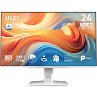 White MSI 24" IPS Full HD monitor with slim bezels, 144Hz refresh rate, and 1ms response time.