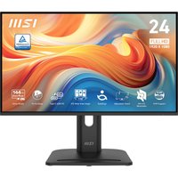 MSI Pro MP245PHG E14 monitor, 23.8", 1920x1080, thin bezel, black stand, vibrant display with icons on screen.