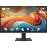 MSI PRO MP271 E14A 27" monitor, slim black bezel, IPS display, 144Hz, vibrant swirl design on screen.
