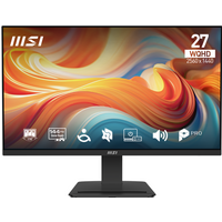 27" MSI PRO MP273Q monitor, black frame, IPS WQHD display, 144Hz, 1ms response, vibrant swirl graphic on screen.