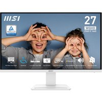 White MSI Pro MP273QW 27" monitor, slim bezels, 2560x1440 resolution, wide quad HD display, rectangular stand.