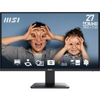 MSI Pro MP273U 27" monitor, black frame, 3840x2160 resolution, 4K UHD display, with on-screen icons and family image.