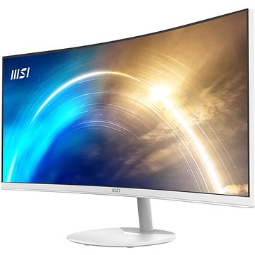 Curved MSI Pro MP341CQW monitor with a sleek white finish, featuring a 34-inch display with 3440 x 1440 resolution, showcasing vibrant colors and a modern design.
