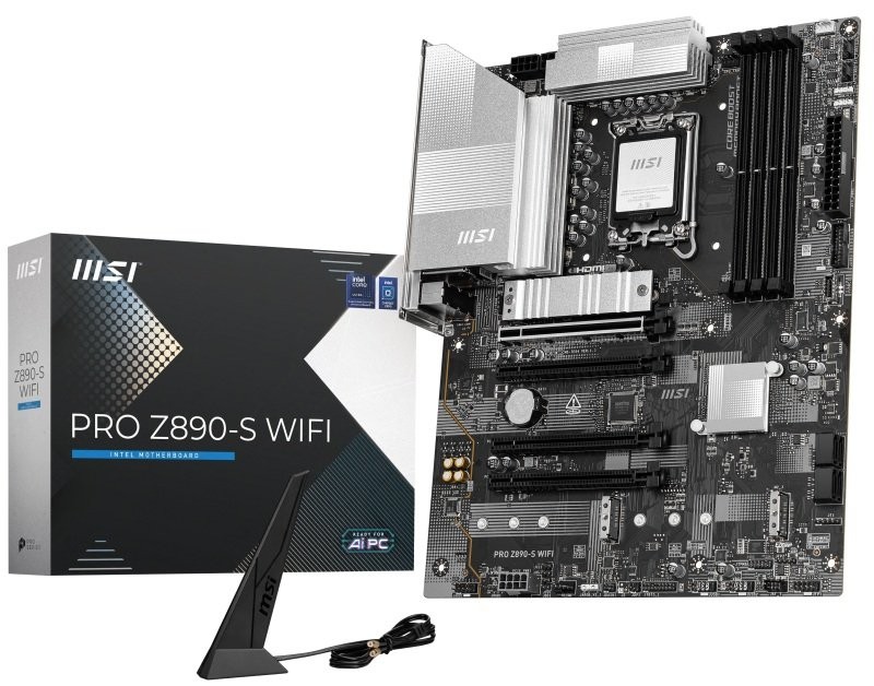 Black ATX motherboard with Intel Z890 socket, multiple PCIe slots, heatsinks, and Wi-Fi antenna, alongside a sleek blue and black box labeled "PRO Z890-S WIFI."