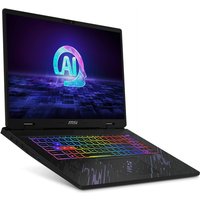 MSI Pulse 17 AI laptop with 17" screen, colorful backlit keyboard, black chassis, and AI logo on display.